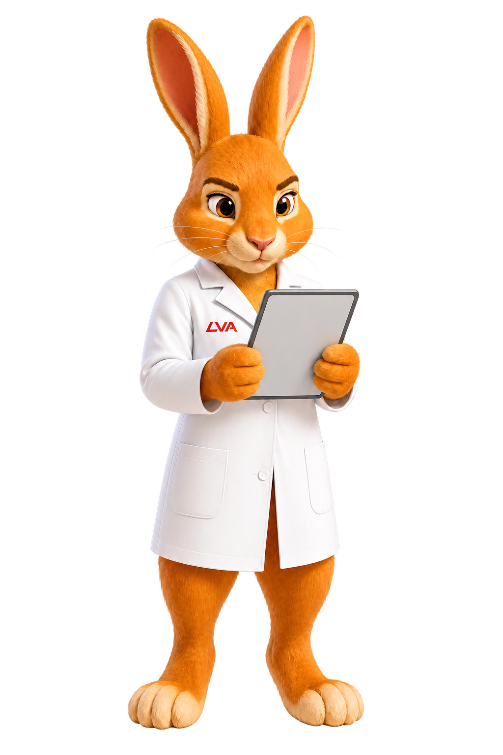 LVA-Hase im Laborkittel mit Tablet